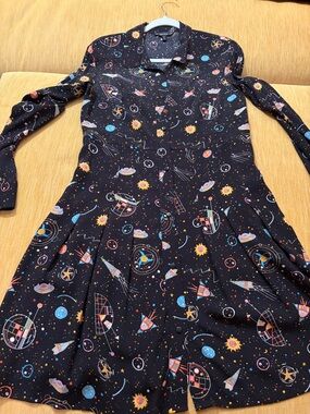 Black Kandinsky-esque space-Print Long Sleeve button Dress